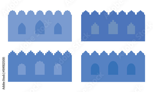 Abstract moroccan saudi medina walls. Eastern building, house front. Traditional Arab arch, door, window, gate. Vector east oriental aesthetic background