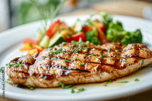 A plate of grilled chicken with mixed vegetables photo