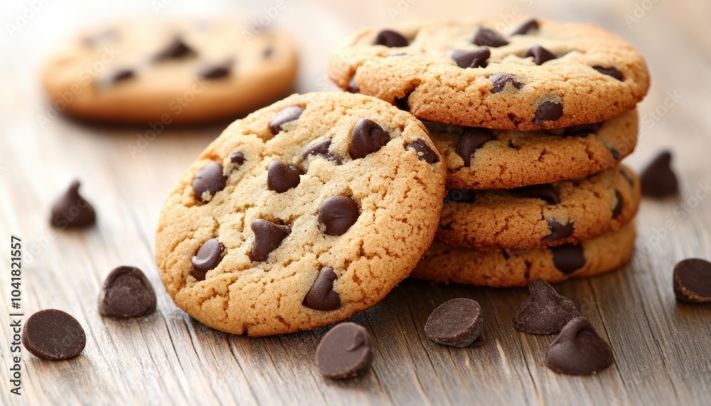 Freshly baked chocolate chip cookies stacked on a wooden surface with chocolate bits Freshly baked chocolate chip cookies stacked on a wooden surface with chocolate bits