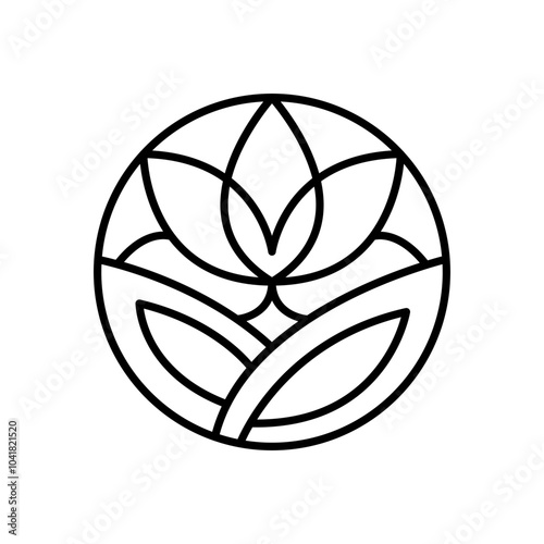 Simple flower lotus round line logo aesthetics. Emblem plant in circle linear style. Vector abstract badge for design of natural products, flower shop, cosmetics, ecology concepts, health, spa, yoga