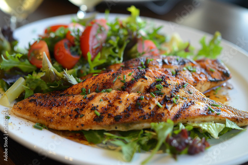 A plate of grilled fish with mixed greens