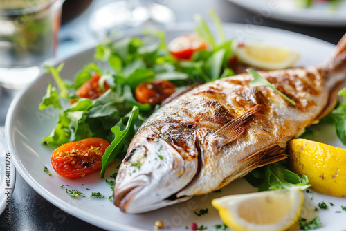 A plate of grilled fish with mixed greens