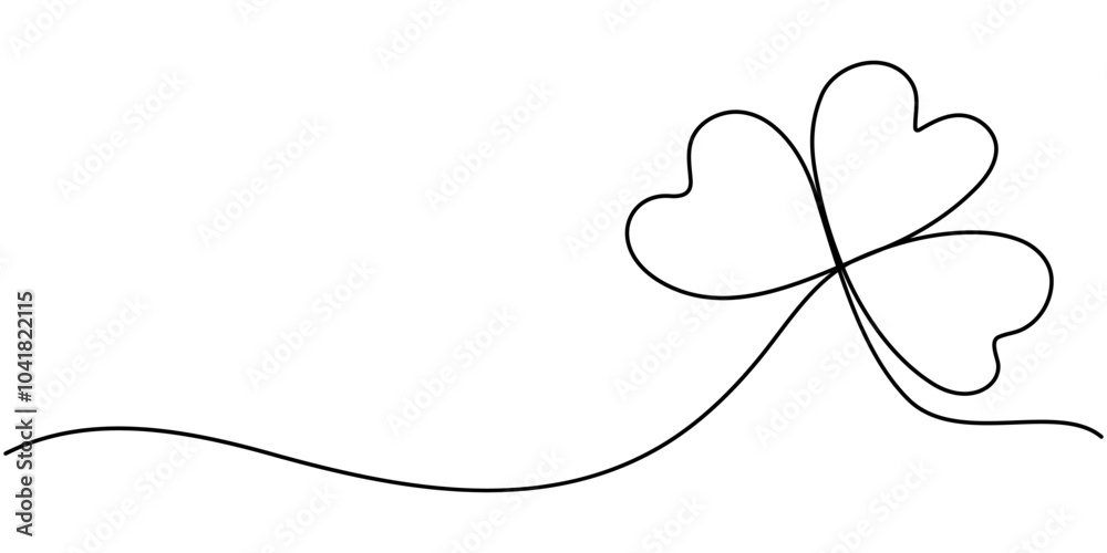 One line continuous lucky four leaves clover symbol concept. Silhouette of St Patrick's Day good luck tradition. Continuous linear drawing of clover leaves. One line drawing background. One line continuous lucky four leaves clover symbol concept. Silhouette of St Patrick's Day good luck tradition. Continuous linear drawing of clover leaves. One line drawing background.