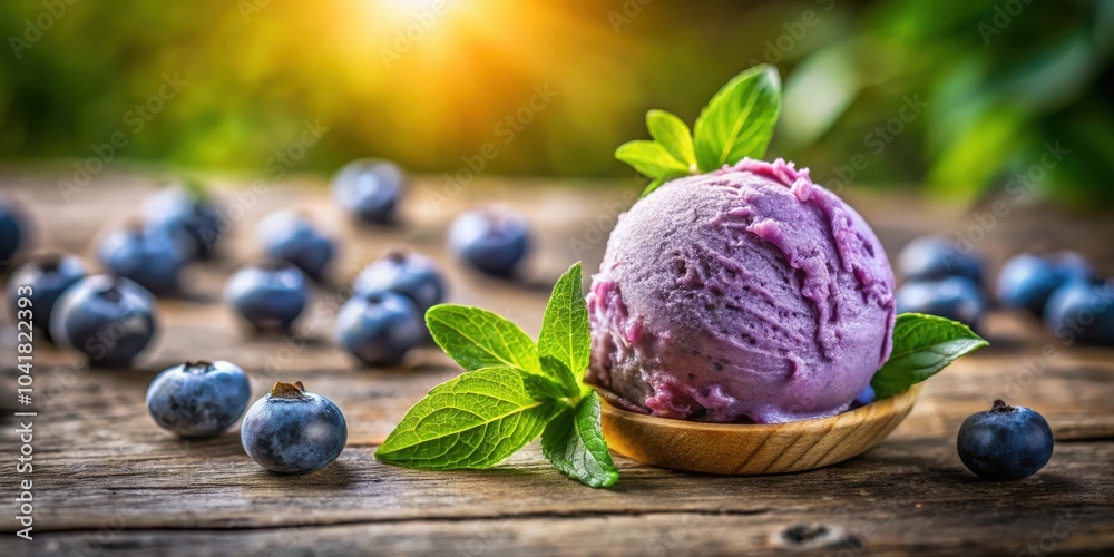 A scoop of blueberry ice cream rests in a wooden bowl on a rustic wooden surface, surrounded by scattered blueberries and a vibrant green leaf. A scoop of blueberry ice cream rests in a wooden bowl on a rustic wooden surface, surrounded by scattered blueberries and a vibrant green leaf.