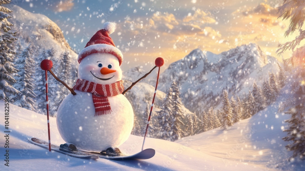 Obraz premium Cute snowman ski in snow field in mountain.