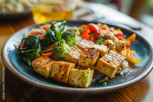 A plate of grilled tofu with vegetable stir fry