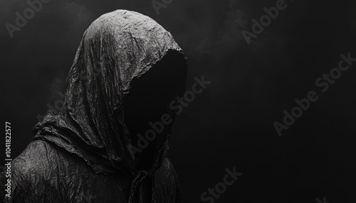 A mysterious figure cloaked in dark fabric stands against a shadowy backdrop photo