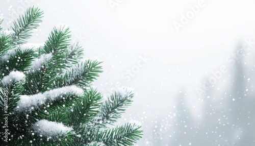 Snow-covered evergreen branches in a serene winter landscape during snowfall