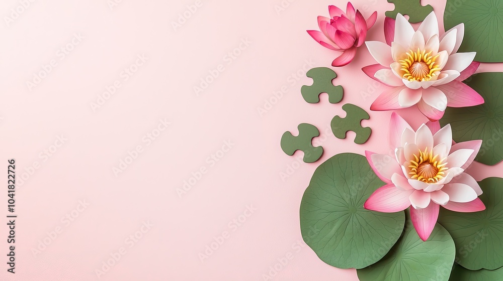 Fototapeta premium A serene arrangement of pink lotus flowers and leaves against a soft pink background, embodying tranquility and natural beauty.
