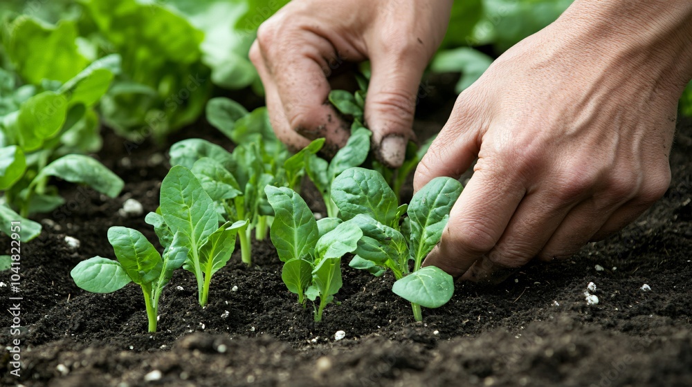 Hands Planting Spinach Seedlings in Garden Soil Hands Planting Spinach Seedlings in Garden Soil
