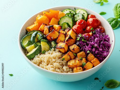 vibrant bowl filled with quinoa, roasted vegetables, and fresh ingredients, showcasing colorful mix of zucchini, cherry tomatoes, purple cabbage, and more. This healthy dish is perfect for nutritious