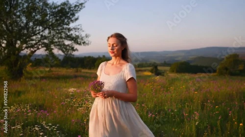 A young woman in a white dress walks through a lush tropical balinese garden