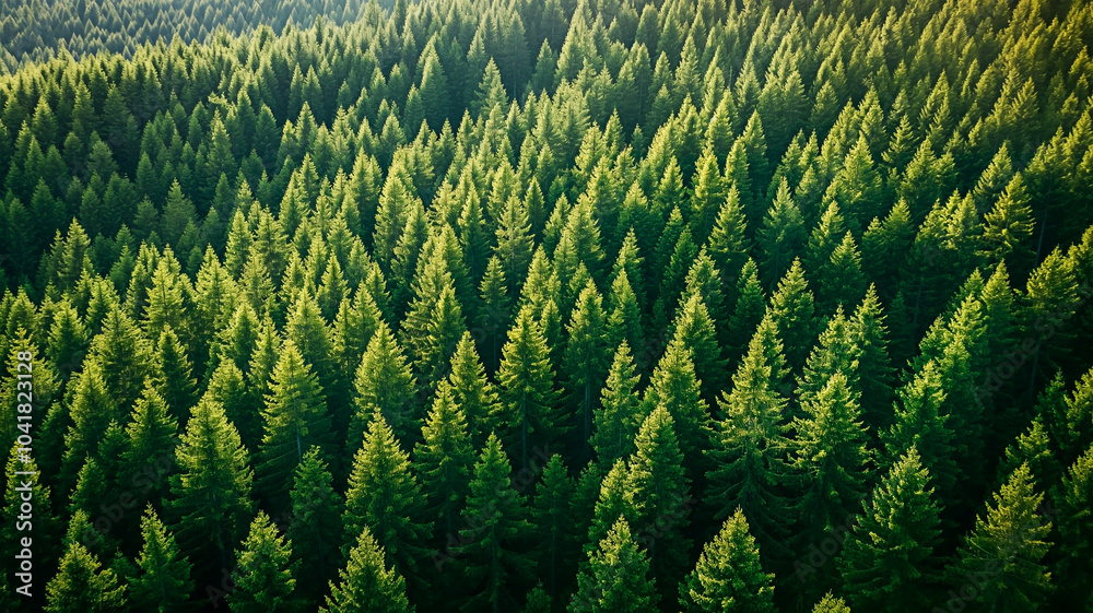 Aerial view of lush green forest with dense treetops. Scenic overhead drone like view of evergreen trees covering vast terrain. Aerial view of lush green forest with dense treetops. Scenic overhead drone like view of evergreen trees covering vast terrain.