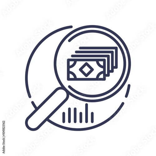 Magnifying glass over money and bar graph symbolizes financial investigation and oversight.