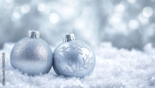 Sparkling silver Christmas ornaments resting on soft white snow decoration