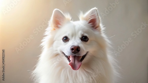 Cute White Spitz Dog Portrait with Tongue Out on Light Background - High Depth of Field Photography