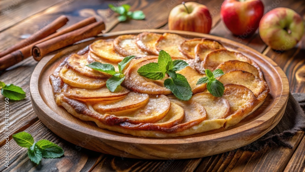 A Delicious Apple Tart with a Golden Crust, Covered in a Powdered Sugar Glaze, Served on a Wooden Plate with Fresh Mint Sprigs A Delicious Apple Tart with a Golden Crust, Covered in a Powdered Sugar Glaze, Served on a Wooden Plate with Fresh Mint Sprigs