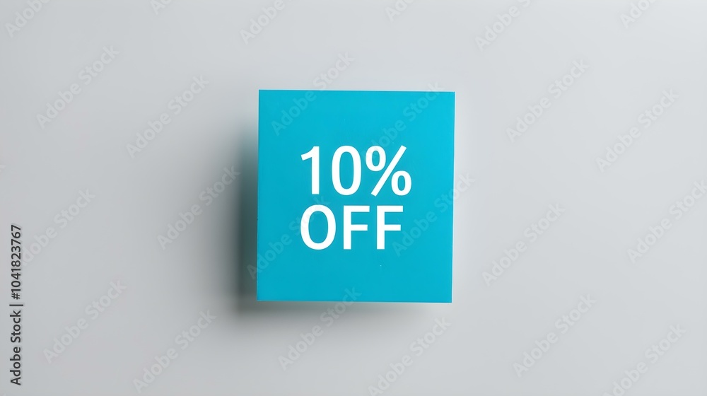 White '10% OFF' Text on a Blue Square Paper Note. White Background with Copy Space