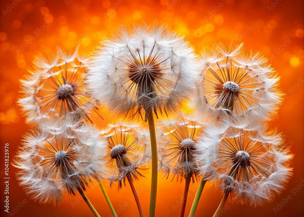 Obraz premium Dandelion Fluff on Vibrant Orange Background - High Dynamic Range Nature Photography