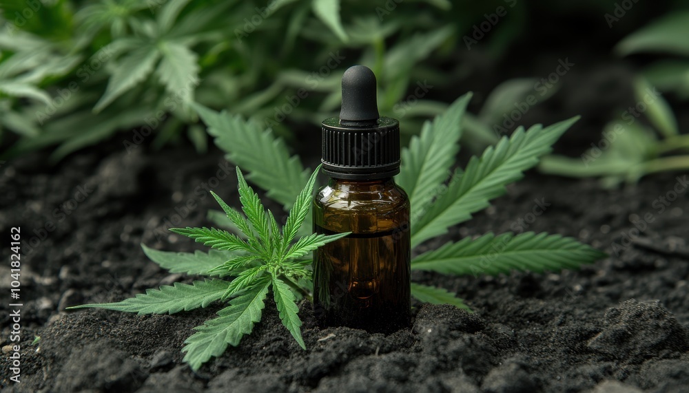 Cannabis oil bottle resting among fresh green leaves in a natural setting Cannabis oil bottle resting among fresh green leaves in a natural setting