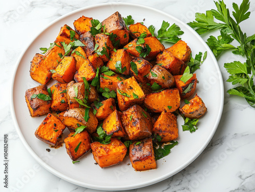 Roasted sweet potatoes garnished with fresh parsley create vibrant and healthy dish. golden brown cubes are perfectly caramelized, offering delightful flavor and texture