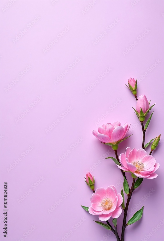 Spring pink flowers on purple paper background Spring pink flowers on purple paper background