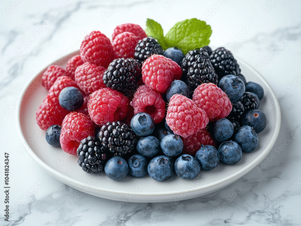 Fresh berries including raspberries, blackberries, and blueberries are beautifully arranged on clean white plate, evoking sense of freshness and vitality Fresh berries including raspberries, blackberries, and blueberries are beautifully arranged on clean white plate, evoking sense of freshness and vitality