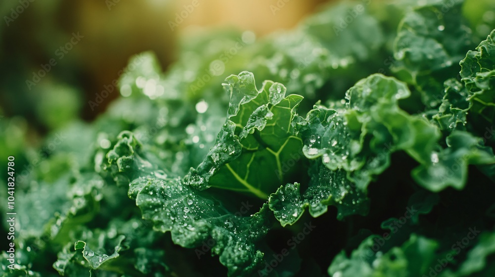 Fresh Green Kale Leaves with Dew Drops Fresh Green Kale Leaves with Dew Drops
