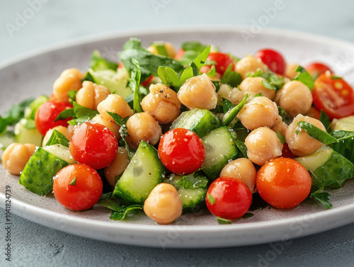 Fresh and vibrant salad featuring chickpeas, cucumber, and cherry tomatoes, garnished with herbs for healthy and delicious meal option. Perfect for light lunch or side dish