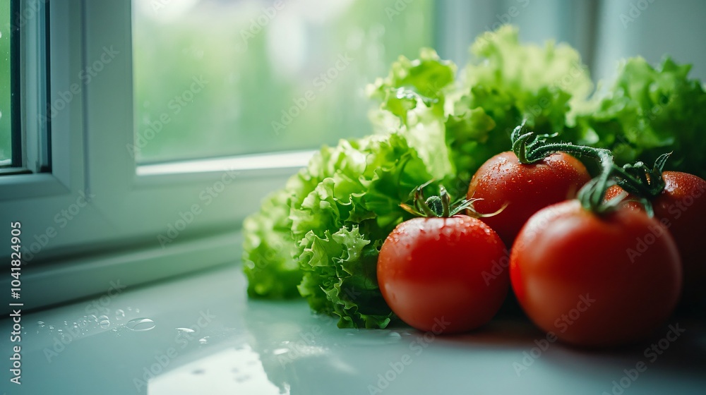 Fresh Tomatoes and Lettuce on Window Sill Fresh Tomatoes and Lettuce on Window Sill
