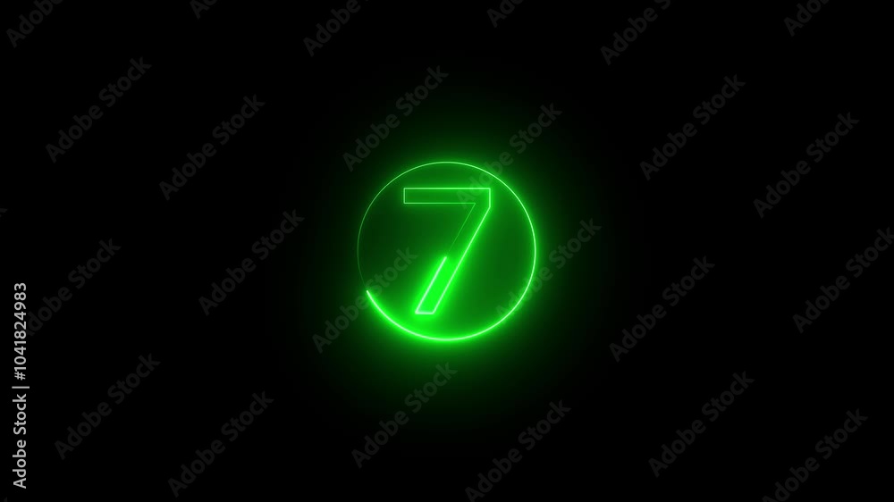 Abstract glowing neon text 7 number countdown icon. Dark background. Abstract glowing neon text 7 number countdown icon. Dark background.
