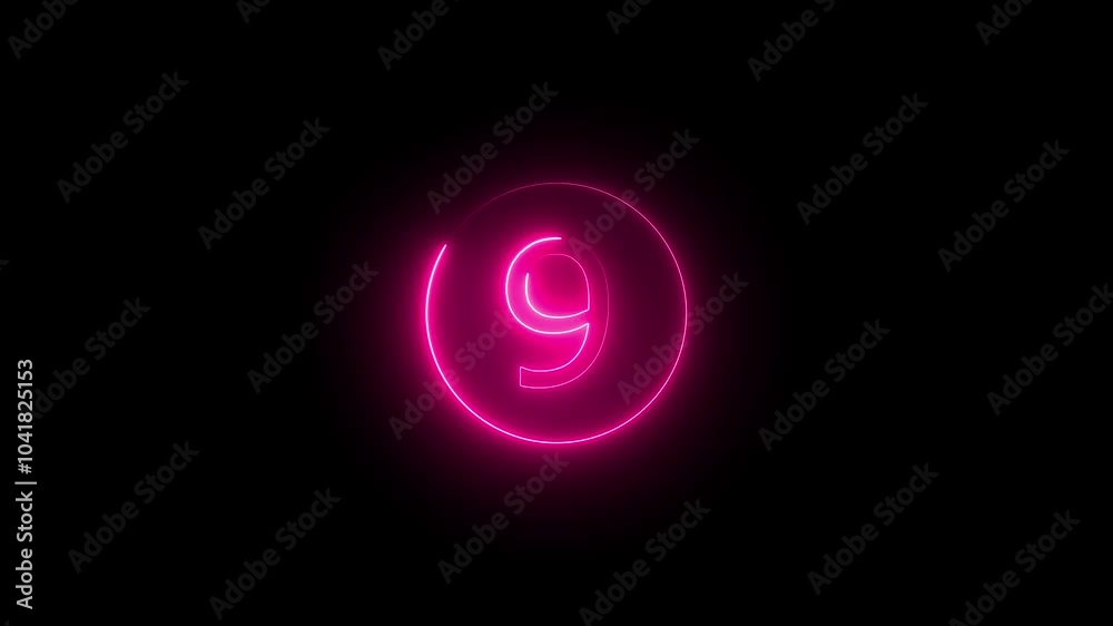 9 number text font with neon light. Luminous and shimmering haze inside the letters of the text nine number. Dark background.