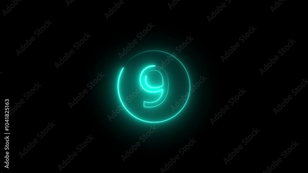 9 number text font with neon light. Luminous and shimmering haze inside the letters of the text nine number. Dark background.