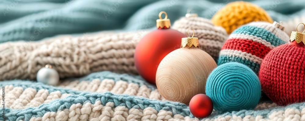 Fototapeta premium Close-up of handmade Christmas ornaments crafted from wood, fabric, and sustainable materials, resting on a cozy knit blanket