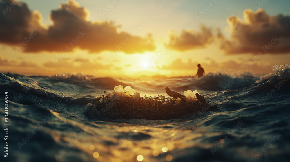 Obraz premium Ocean pollution highlighting wildlife struggle at sunset
