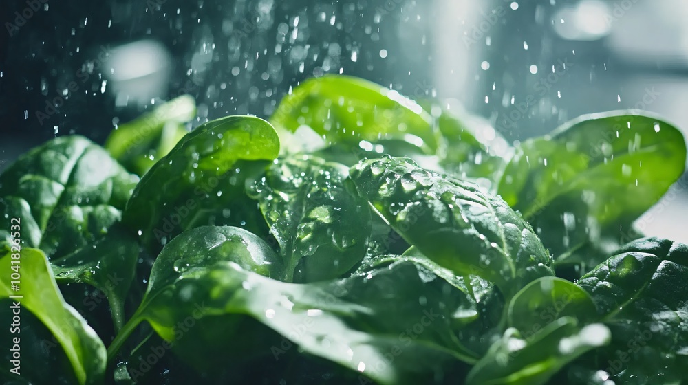 Fresh Spinach Leaves Under Rain Shower Fresh Spinach Leaves Under Rain Shower