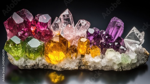 A collection of vibrant gem crystals, including peridot, sulphur, garnet, rhodochrosite, amethyst, and tanzanite, displayed in stunning detail. photo