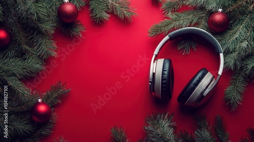 Headphones amid festive ornaments and pine branches photo