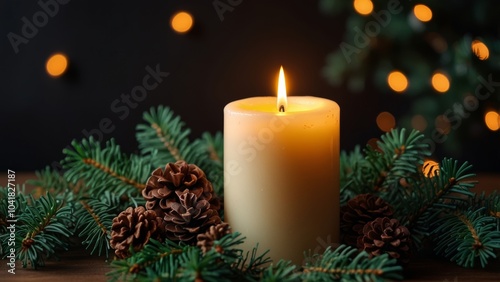 Burning candle surrounded by pine branches and pine cones creating festive mood