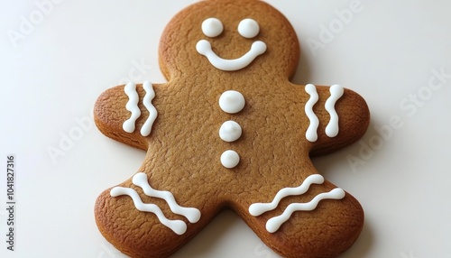 Gingerbread man cookie decorated with icing displayed on a white background