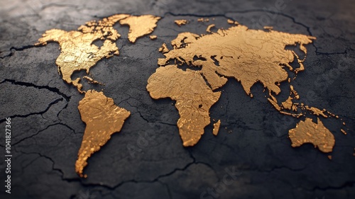Fototapeta Naklejka Na Ścianę i Meble -  A stylized gold map of the world on a textured dark surface, symbolizing global wealth and connectivity.