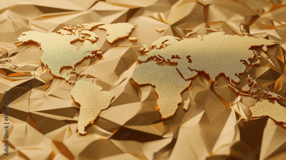 Fototapeta premium A stylized, golden world map is set against a textured, crumpled gold background, creating an elegant and modern visual representation of geography.