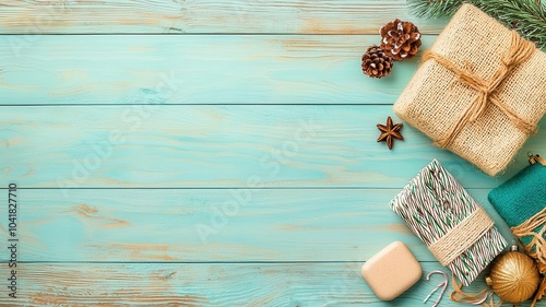 Sustainable Christmas gift baskets filled with handmade, zero-waste products, laid out on a wooden table in a warm, festive atmosphere photo