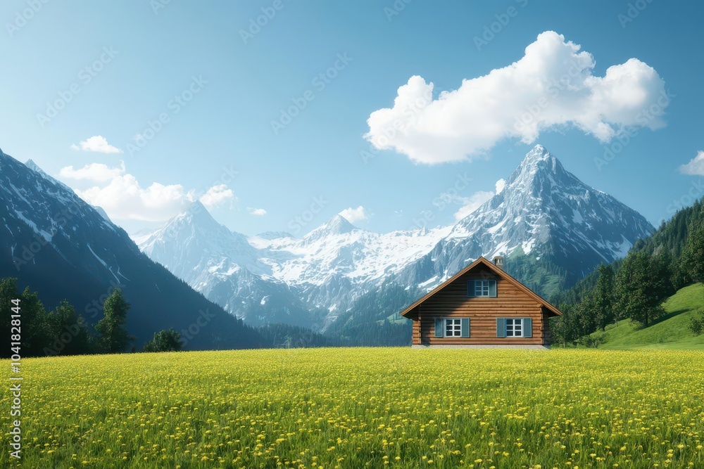 Rustic cabin for sale, mountain scenery, 3D illustration Rustic cabin for sale, mountain scenery, 3D illustration