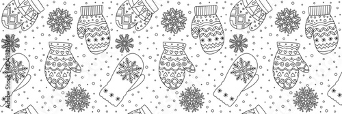 Outline winter seamless pattern. Christmas black and white mittens and snowflakes hand drawn pattern. Christmas and winter season background. Kids winter fun. New Year background. Editable stroke. 