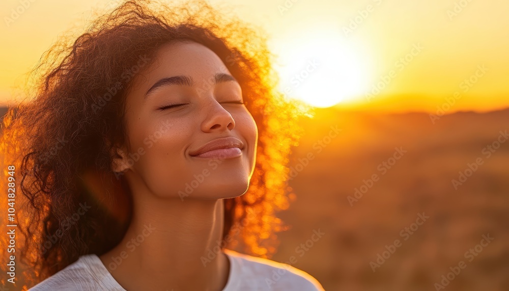Young woman enjoying a sunset in a serene field during golden hour Young woman enjoying a sunset in a serene field during golden hour