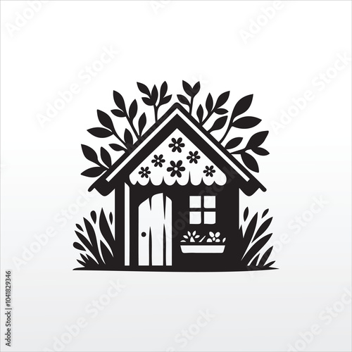 decorative floral black hut silhouette printable sublimation house clipart vector illustration design