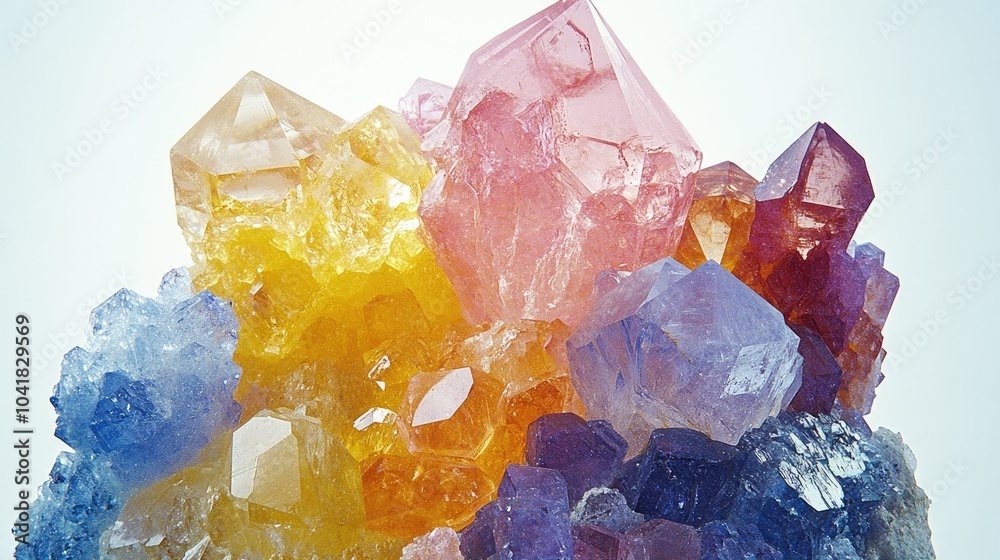 A radiant collection of colorful gem crystals, featuring sulphur, rhodochrosite, and tanzanite, creating a vivid and dynamic display.