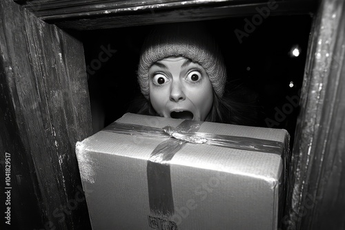 Una mujer sonriente abre la puerta para recibir un paquete, expresando alegría y entusiasmo. La imagen refleja la emoción de la anticipación.
 photo