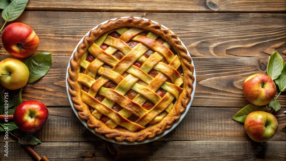 A freshly baked apple pie with a golden crust, surrounded by ripe apples and leaves, on a rustic wooden background. A freshly baked apple pie with a golden crust, surrounded by ripe apples and leaves, on a rustic wooden background.